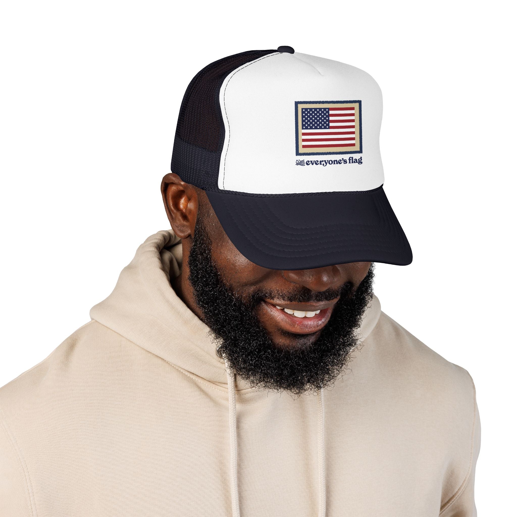 Flag Patch Trucker Hat - White & Navy